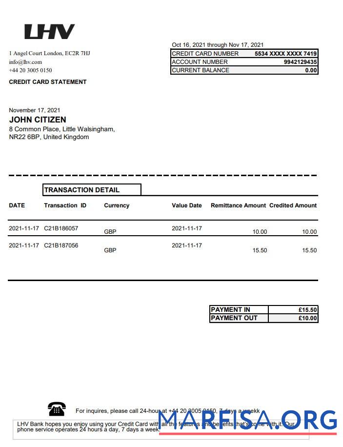 Printable United Kingdom LHV Group bank statement excel sample